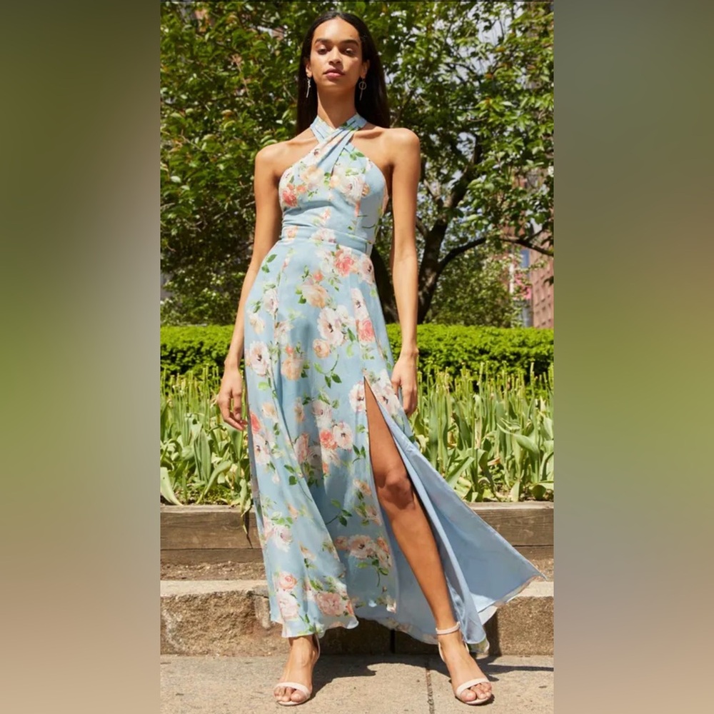 Yumi Kim Sky Blue Floral Halter Maxi Dress with Side Slit